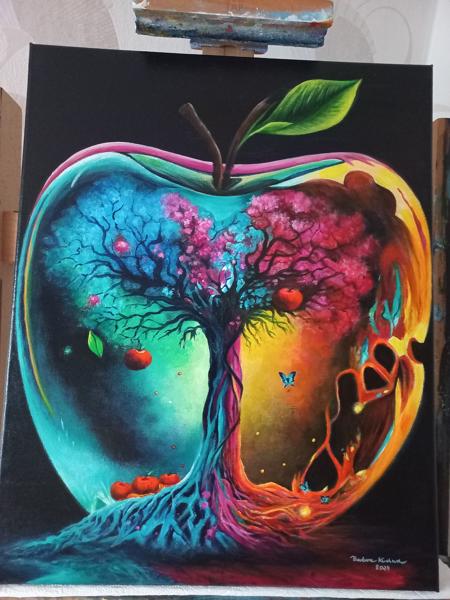 Kosmiczne jabłko - obraz akrylowy, wykończony werniksem Krosno bawełniane Rozm.40x50 Rok 2024