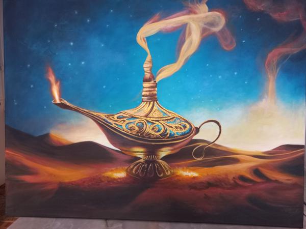 Lampa Aladyna -obraz akrylowy, wykończony satynowym werniksem na bawełnianym krośnie, Rozm.60x80, Rok 2024