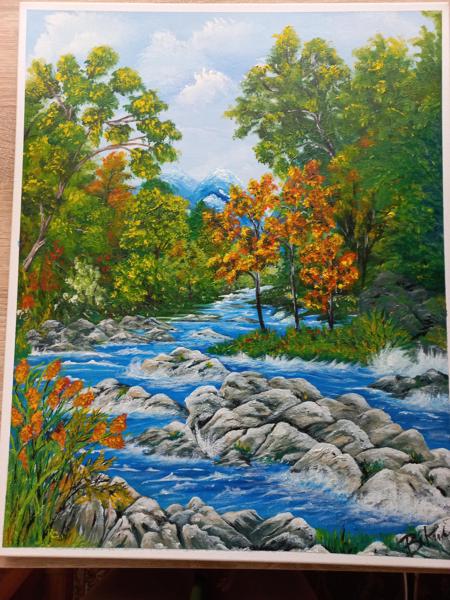 "Górski potok " krosno bawełniane, farby akrylowe, wykończenie werniksem, Rozm 40x50, Rok 2018