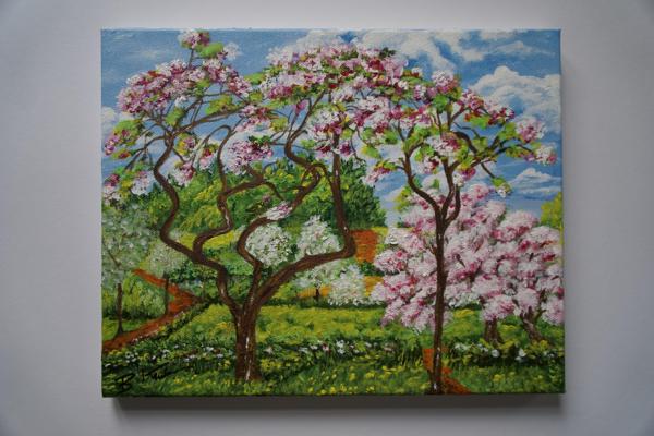 "Wiśniowy sad" krosno bawełniane  farby akrylowe, wykończenie werniksem, Rozm 30x40, Rok 2018