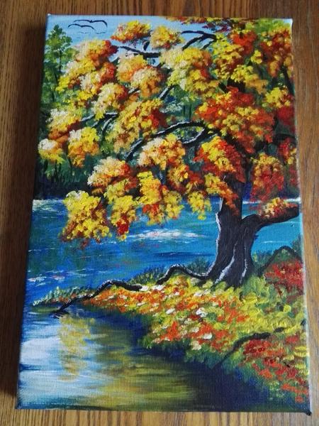 "Drzewko "krosno bawełniane, farby akrylowe, wykończenie satynowym werniksem, Rozm 20x30, Rok 2018