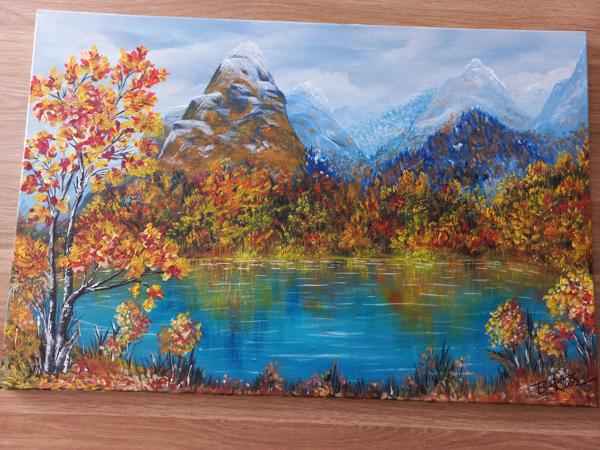 "Alpejskie jezioro " krosno bawełniane, farby akrylowe, wykończenie werniksem, Rozm40x50, Rok 2019