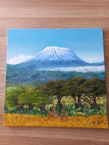 "Kilimandzaro" krosno bawełniane, farby akrylowe, wykończenie werniksem, Rozmiar 40x40 cm, Rok 2020