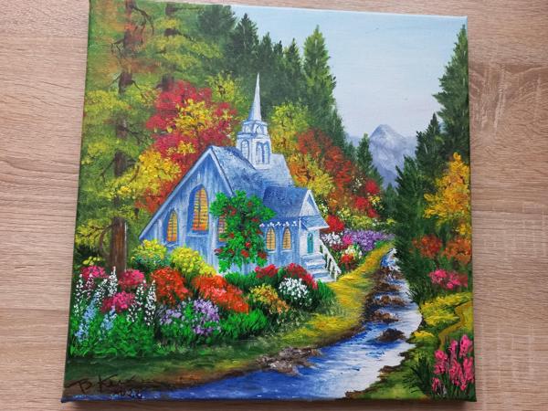 "Sentymentalny widok" Krosno bawełniane,farby akrylowe obraz wykończony werniksem, Rozmiar 40x40 cm, Rok 2021