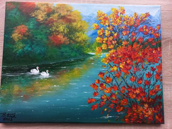 "Rzeka jesienią" krosno bawełniane  farby akrylowe, wykończenie satynowym werniksem, Rozm.30x40, Rok 2020