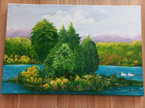 "Zielono mi" krosno bawełniane,farby akrylowe,wykończenie werniksem, Rozm. 40x60 cm, Rok 2021