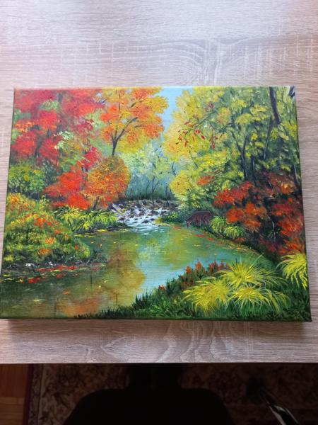 "Z końcem lata" krosno bawełniane, farby akrylowe, wykończenie satynowym werniksem, Rozm 40x50, Rok 2021