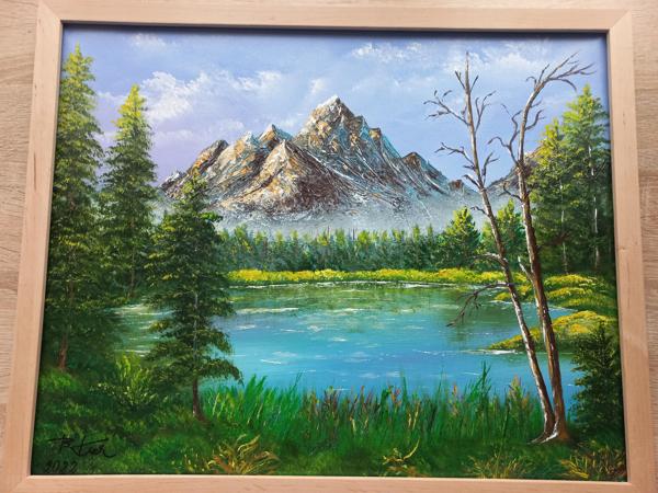 "Krajobraz wysokogórski "krosno bawełniane, farby akrylowe, wykończenie satynowym werniksem, Rozm 40x50, Rok 2021