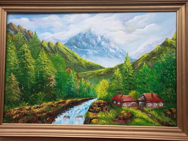 "Górski widok" krosno bawełniane, farby akrylowe, wykończenie satynowym werniksem , Rozm40x60, Rok 2022