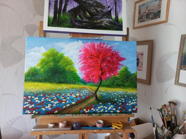 "Kwitnąca wiśnia" -krosno bawełniane,masa plastyczna,wykończenie werniksem, Rozm 40x60, Rok 2022