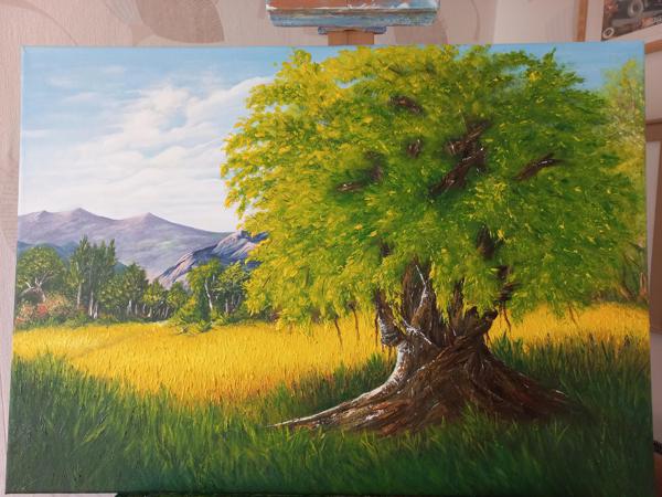 "Historia pewnego drzewa" krosno bawełniane,zastosowanie masy plastycznej, farby akrylowe, wykończenie satynowym werniksem, Rozm 50x70, Rok 2022