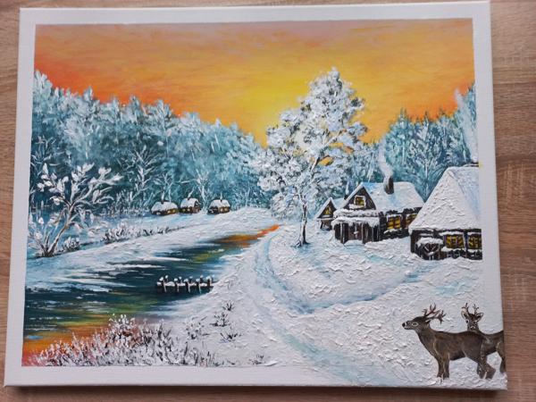 "Zima-zachod słońca" krosno bawełniane, zastosowanie masy plastycznej,farby akrylowe, wykończenie werniksem, Rozm 40x50, Rok 2023