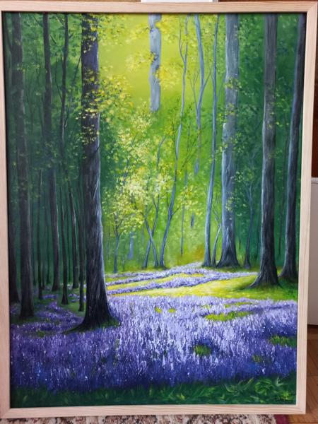 "Lawendowy las" krosno bawełniane zastosowanie masy plastycznej i szpachelki, farby akrylowe, wykończenie werniksem, Rozm 60x80, Rok 2023