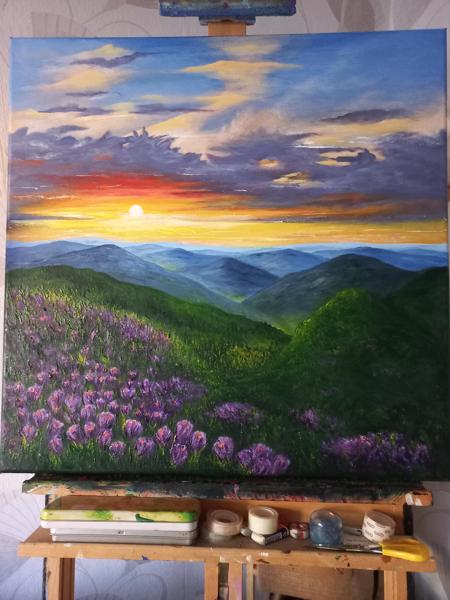 Krokusy -obraz malowany farbami akrylowymi, wykończony satynowym werniksem. Podobrazie bawełniane, Rozm 60x60, Rok 2024