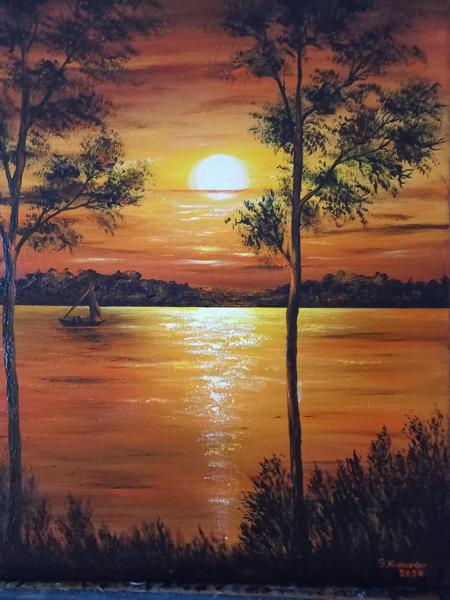 "W blasku zmierzchu" - obraz akrylowy, wykończony werniksem. Krosno bawełniane Rozm 40x50 Rok 2024