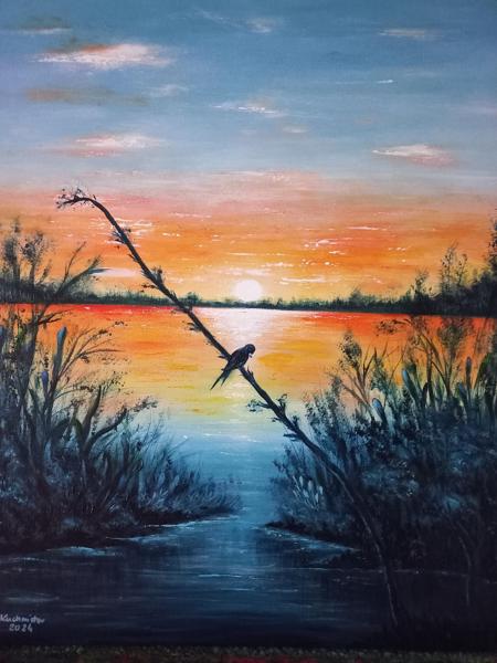 Morze w blasku zachodzącego słońca- obraz malowany farbami akrylowymi, wykończony satynowym werniksem, Rozm. 40x50, Rok 2024