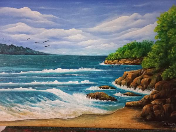 Riwiera śródziemnomorska -obraz malowany farbami akrylowymi, wykończony satynowym werniksem, Podobrazie bawełniane, Rozm 40x50, Rok 2024