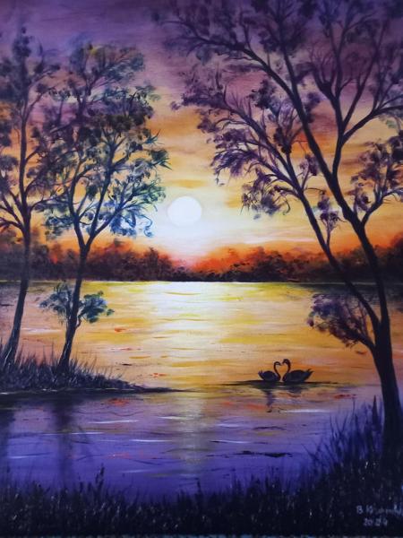 Czułość zachodzącego słońca-obraz akrylowy, wykończony werniksem, Krosno bawełniane, Rozm 40x50,Rok 2024