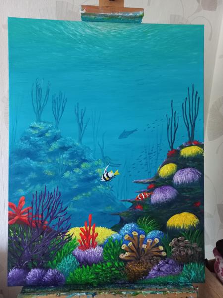 Podwodne życie, obraz akrylowy wykończony satynowym werniksem, Rozm 60x80, Rok 2023